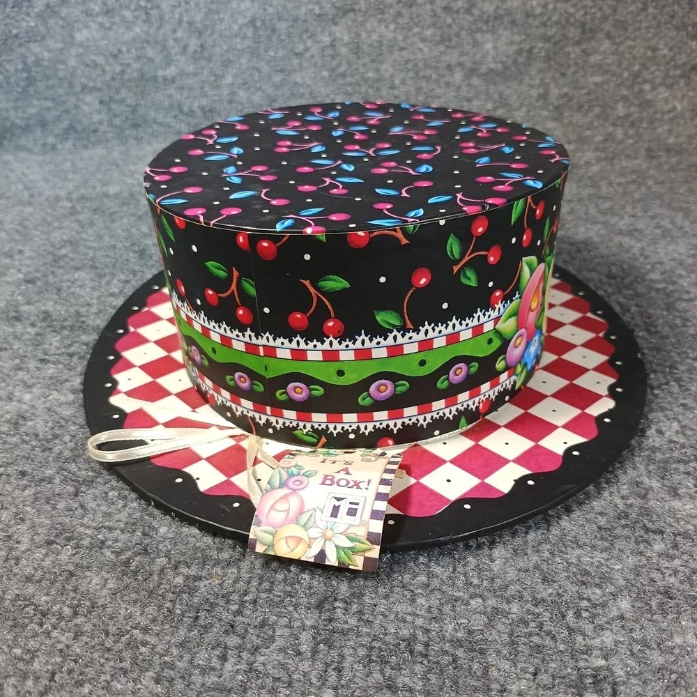 Mary Engelbreit Hat Shaped Gift Box Black Red Cherry Floral Storage